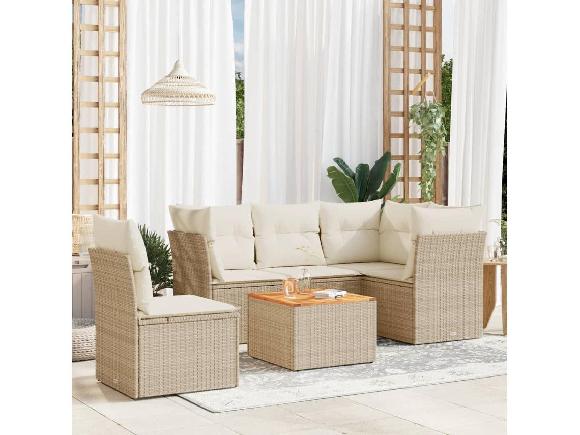 Vidaxl 6 Pcs Conjunto De Sofás P/ Jardim Com Almofadões Vime Pe Bege