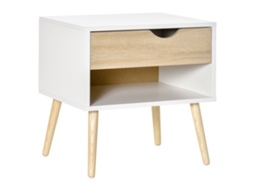 Mesa de Cabeceira com Gaveta, Design Moderno, Pés em Madeira Maciça, 50 X 39 X 51 Cm, Branca e Madeira Natural. CHEZMOI