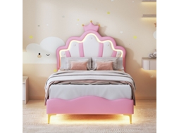 Cama Infantil De Princesa Veyrixan 90x200 Rosa Solteiro Para Menina, Com Coroa, Luzes Led Rgb E Couro Pu Estofado - 150kg