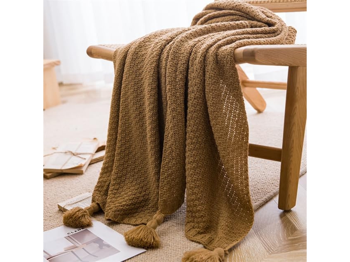 Mantas de Estilo Nórdico para Cama e Sofá Colcha Malha Grossa com Pompom Manta Cor Sólida Relevo, Macio, Quent