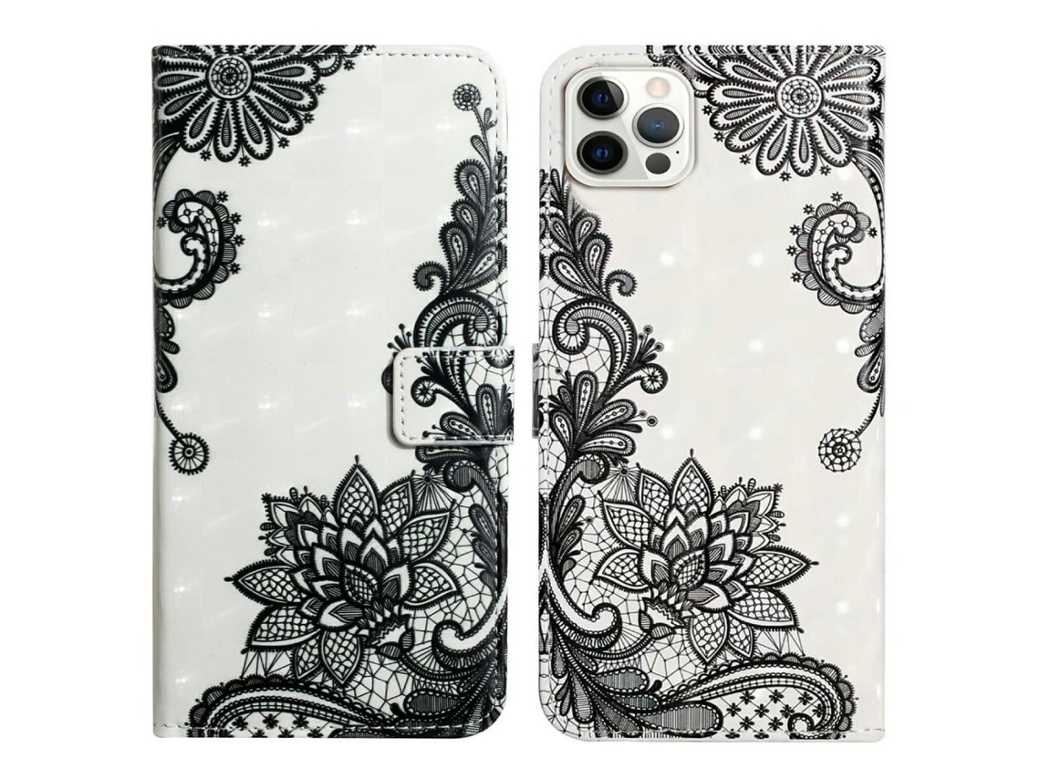 Capa Tipo Carteira Flip Para Iphone 16 Pro Max Com Estampa 3d Em Couro E Detalhes Em Renda Floral