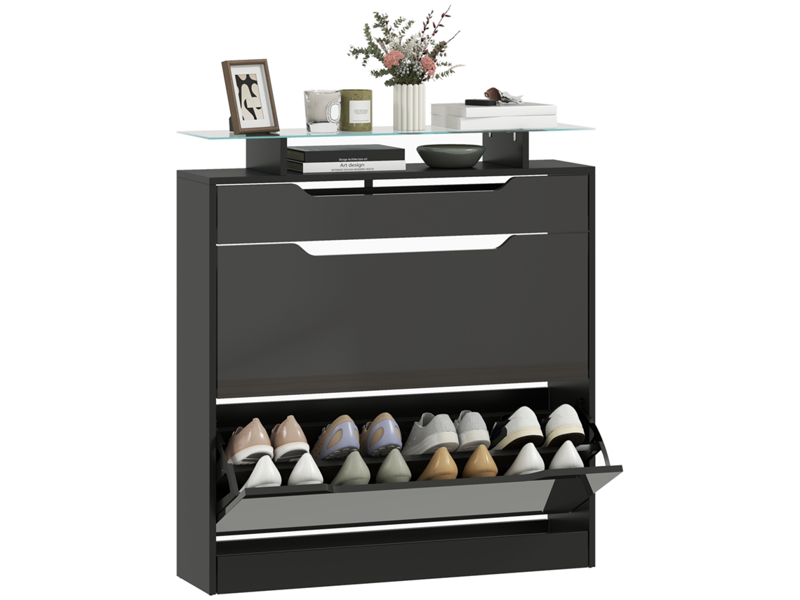 Sapateira com 2 Gavetas Dobráveis, 1 Gaveta Deslizante e Bancada, 89x23x96cm, Preta BAGOLY SHOP
