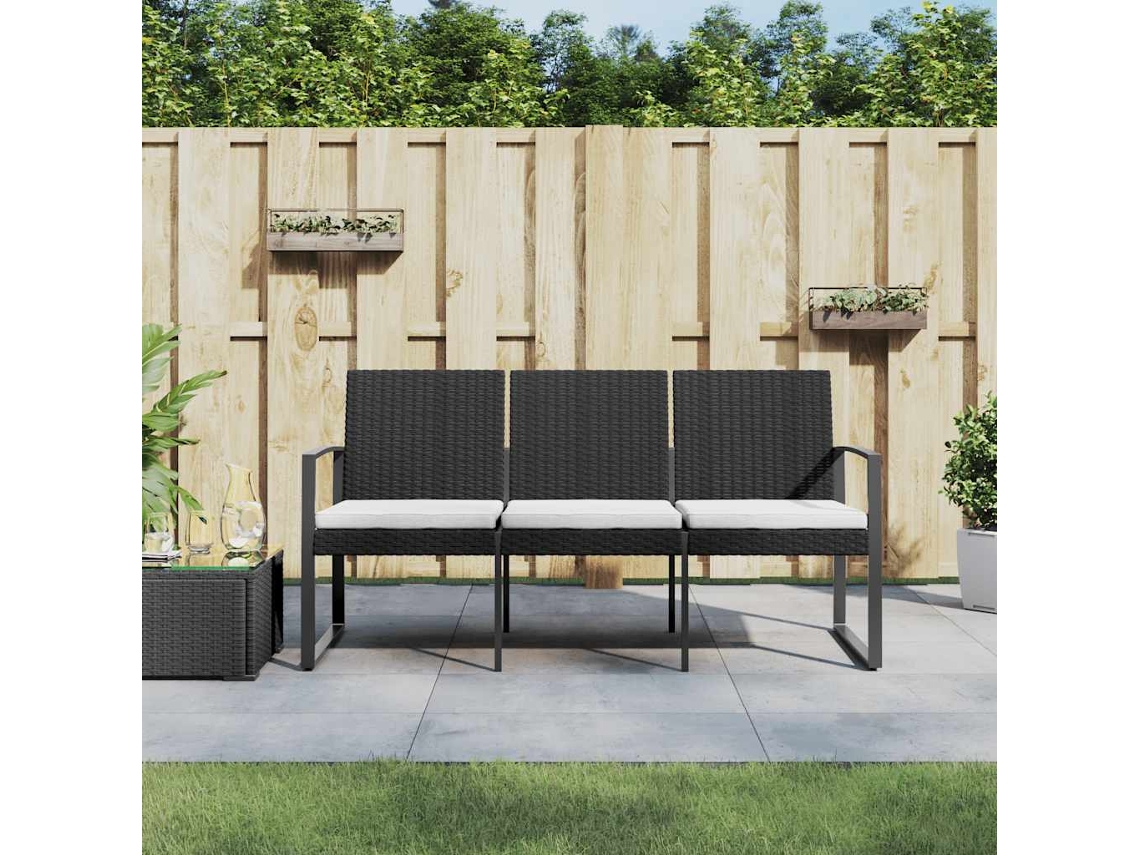 Vidaxl Banco De Jardim De 3 Lugares Com Almofadões Vime Pp Preto