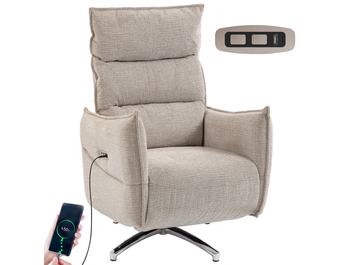 Poltrona Giratória Elétrica Relax BTFORUS tecido linho com portas USB, bege
