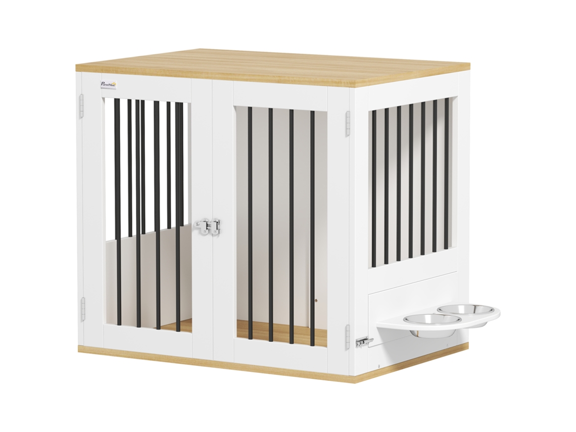 Gaiola Médios 2 Em 1 Mesa Auxiliar Com 2 Portas Com Trava Comedouro Giratório De 360° 2 Tigelas E Almofadas Antiderrapantes 80x55x71,5 Cm Branco