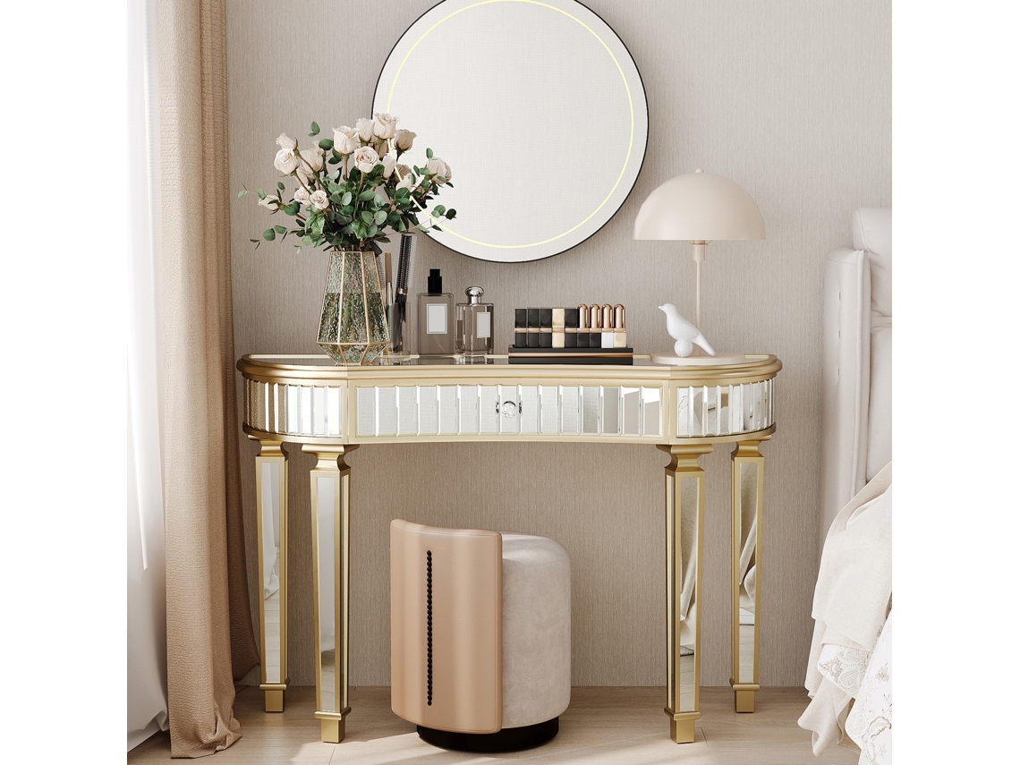 Mesa Consola 120 Cm - Meia-lua Com Espelho, Gaveta De Vidro E Vidro Canelado - Ouro + Prata