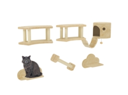 Conjunto De Bege Gato 5 Peças Com Arranhadores, Plataformas Salto, Escada, Casa E Montagem Na Parede,