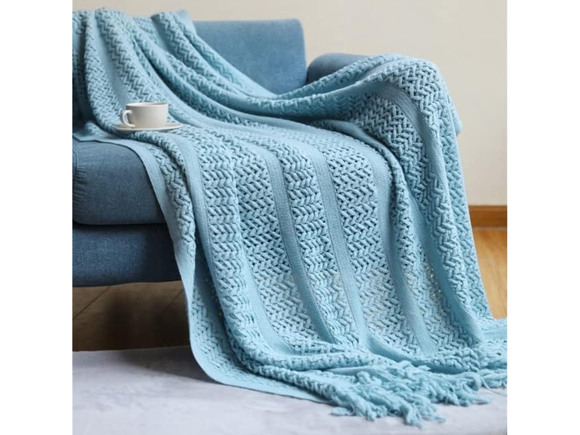 Manta Nórdica de Tricô Mantou Viagem Cinza Cáqui para Sofá com Franjas Ar Condicionado 127x180cm/130x230cm 127
