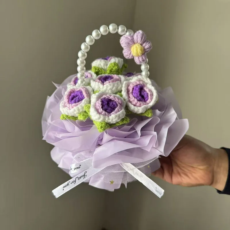 Cesta De Flores De Crochê Para Decoração, Buquê Artificial Tricotado, Presente Para O Dia Dos Namorados