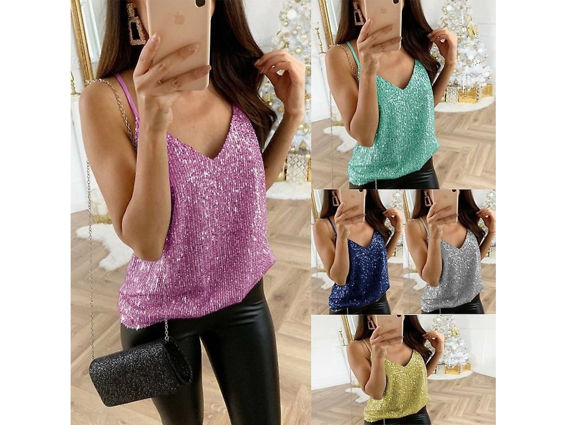 2026 top Sin Mangas para Mujeres Con Glitter Y Lentejuelas Cuello V Moda Sexy Verano Poliéster