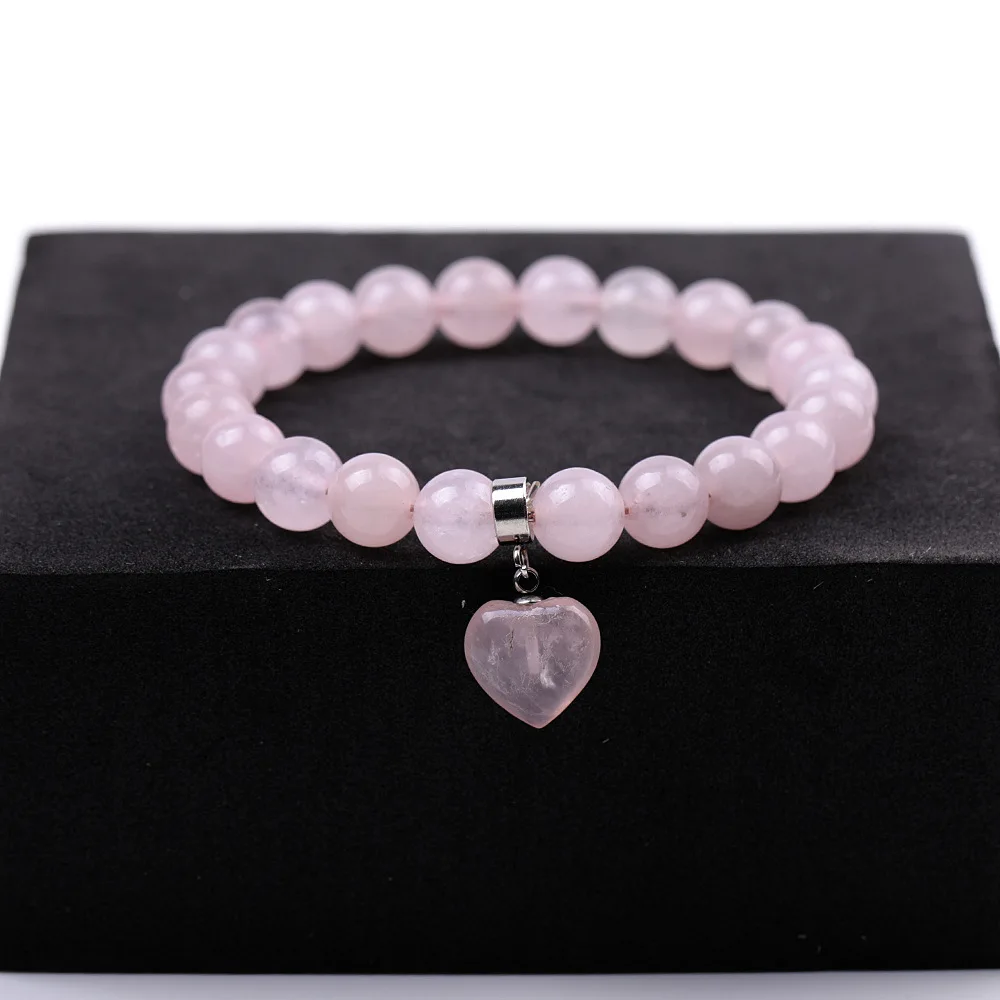 Pulseira Feminina com Pingente de Coração em Quartzo Rosa , Pedra Preciosa Natural. MDUG (cristal Rosa)