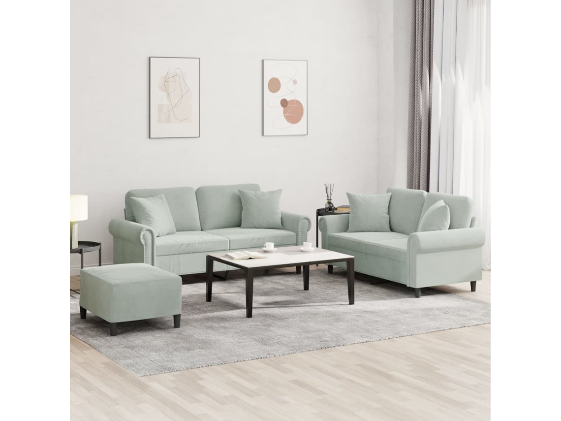 Vidaxl 3 Pcs Conjunto De Sofás Com Almofadas Veludo Cinzento-claro