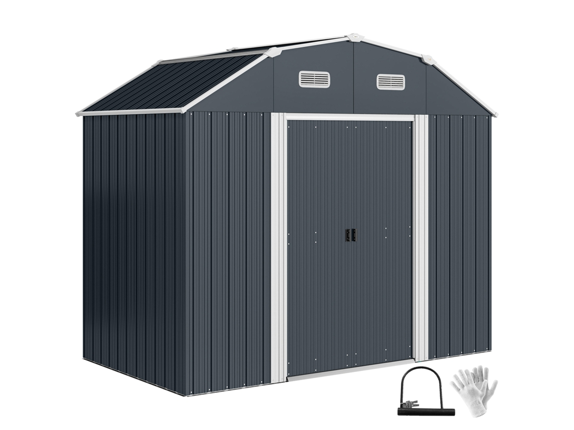 Caseta Metálica Exterior 2.7m² 238x132x198.5cm com Base, prateleiras Ajustáveis, 2 Portas Corrediças e 2 Janelas cinza BTFORUS