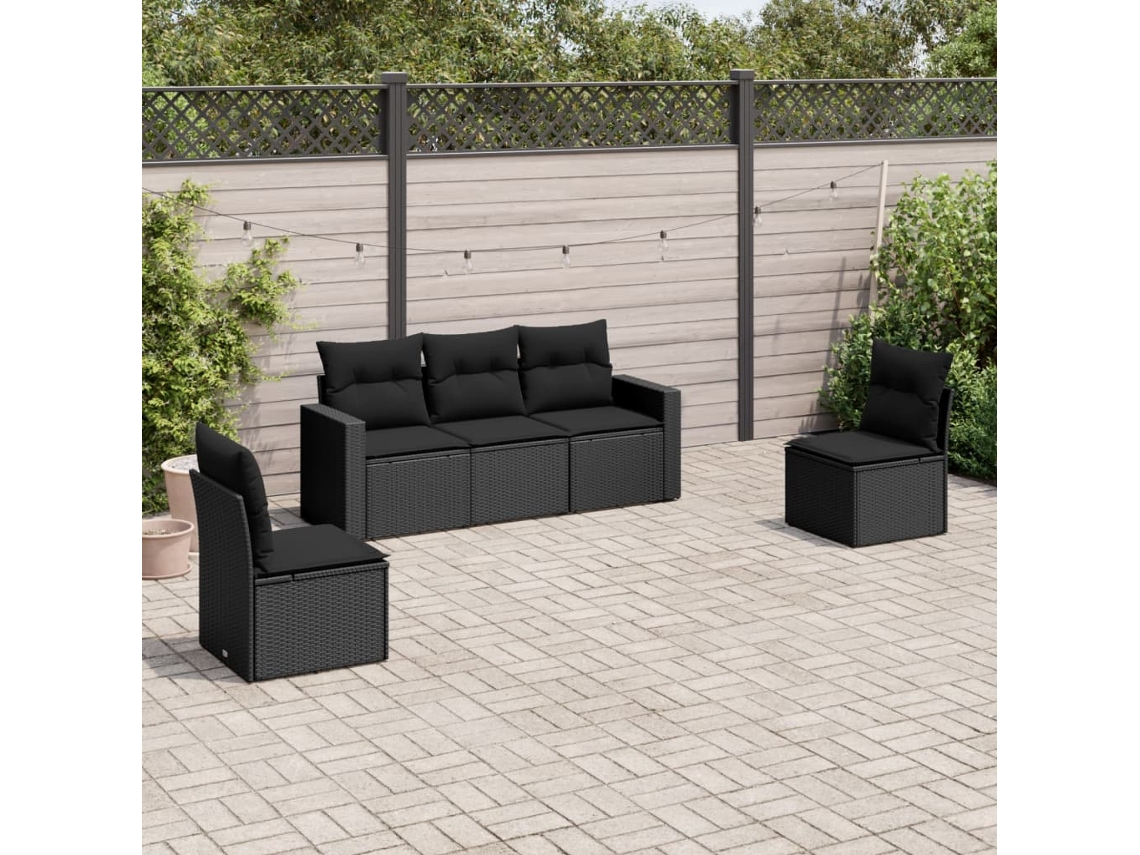 Vidaxl 5 Pcs Conjunto Sofás De Jardim Com Almofadões Vime Pe Preto