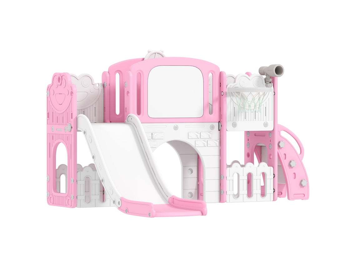 Escorrega Infantil Sapo 7 em 1 Cor de rosa (com Cesto de Basquete, Túnel, Quadro Negro, Telescópio e Caixas)