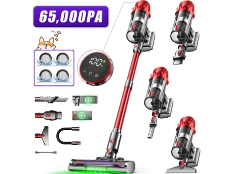 Aspirador de pó vertical sem fio de 650 W – 65000 Pa – 3 níveis de potência – Display LED – 70 min – Tanque de 1,8 L – Ideal para carpetes, pisos duros e cabelos