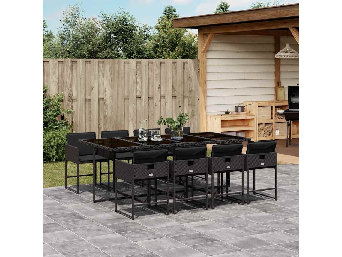 Vidaxl 9 Pcs Conjunto De Jantar P/ Jardim C/ Almofadões Vime Pe Preto