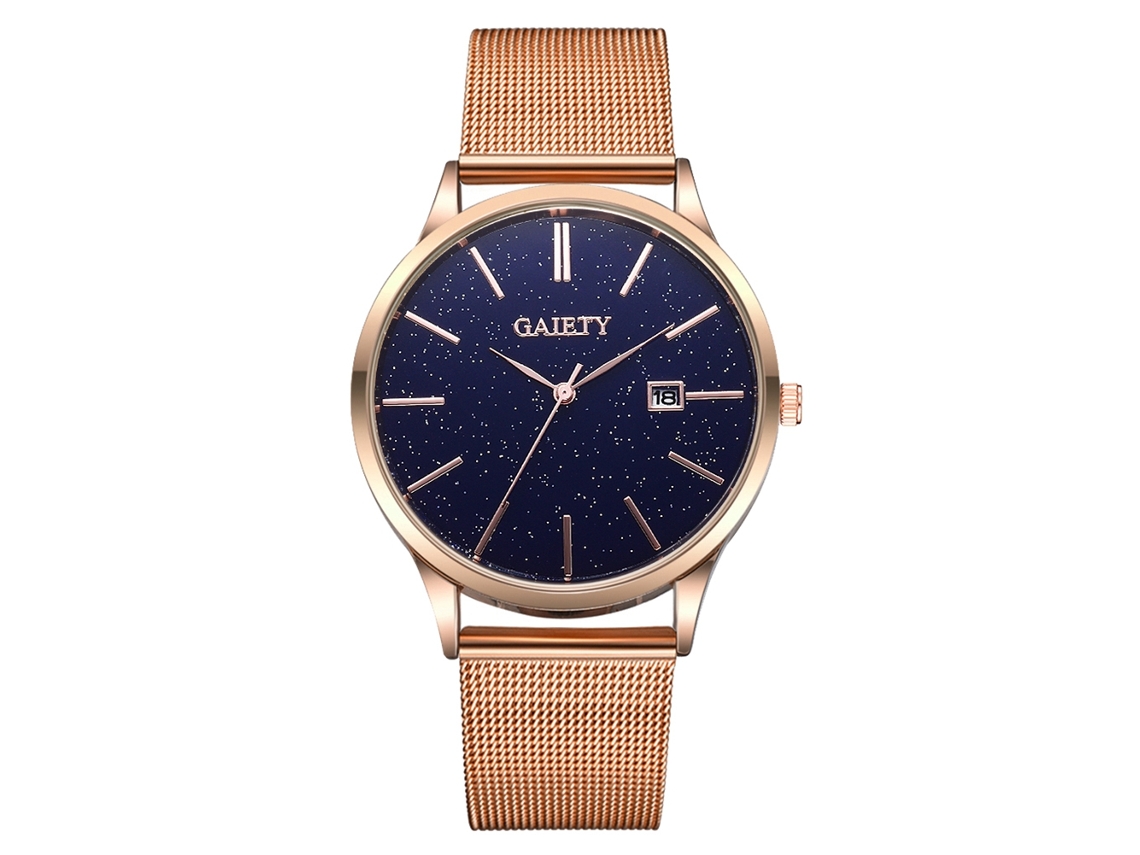 Relógio de pulso masculino casual, mostrador em liga metálica, movimento de quartzo, detalhes em ouro rosa.