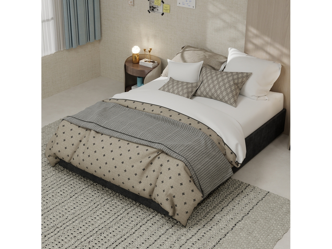Cama Casal Cinza 140x200cm, Veludo Holandês, Haste Pneumática (s/ Cabeceira/colchão) - Réplica. -op