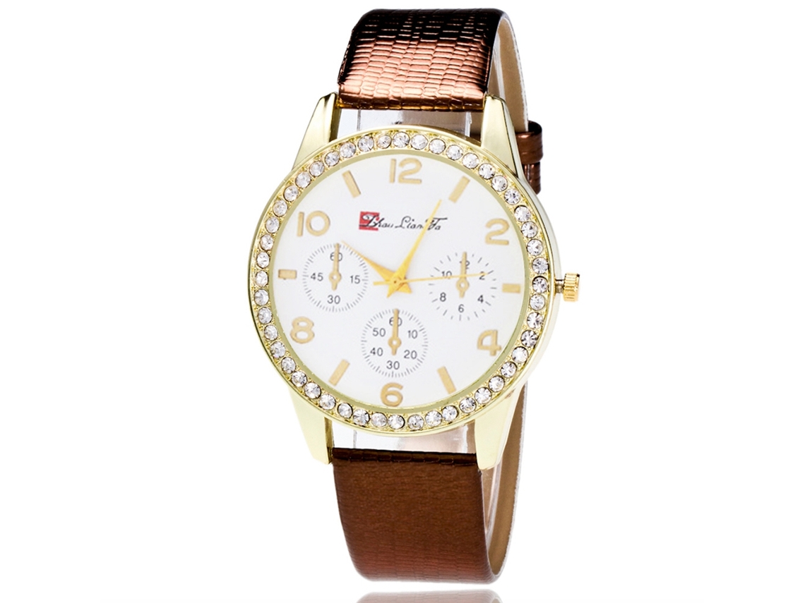 Relógio de Pulso de Casal Fashion com Pulseira de Pu Mostrador Redondo Quartzo Café