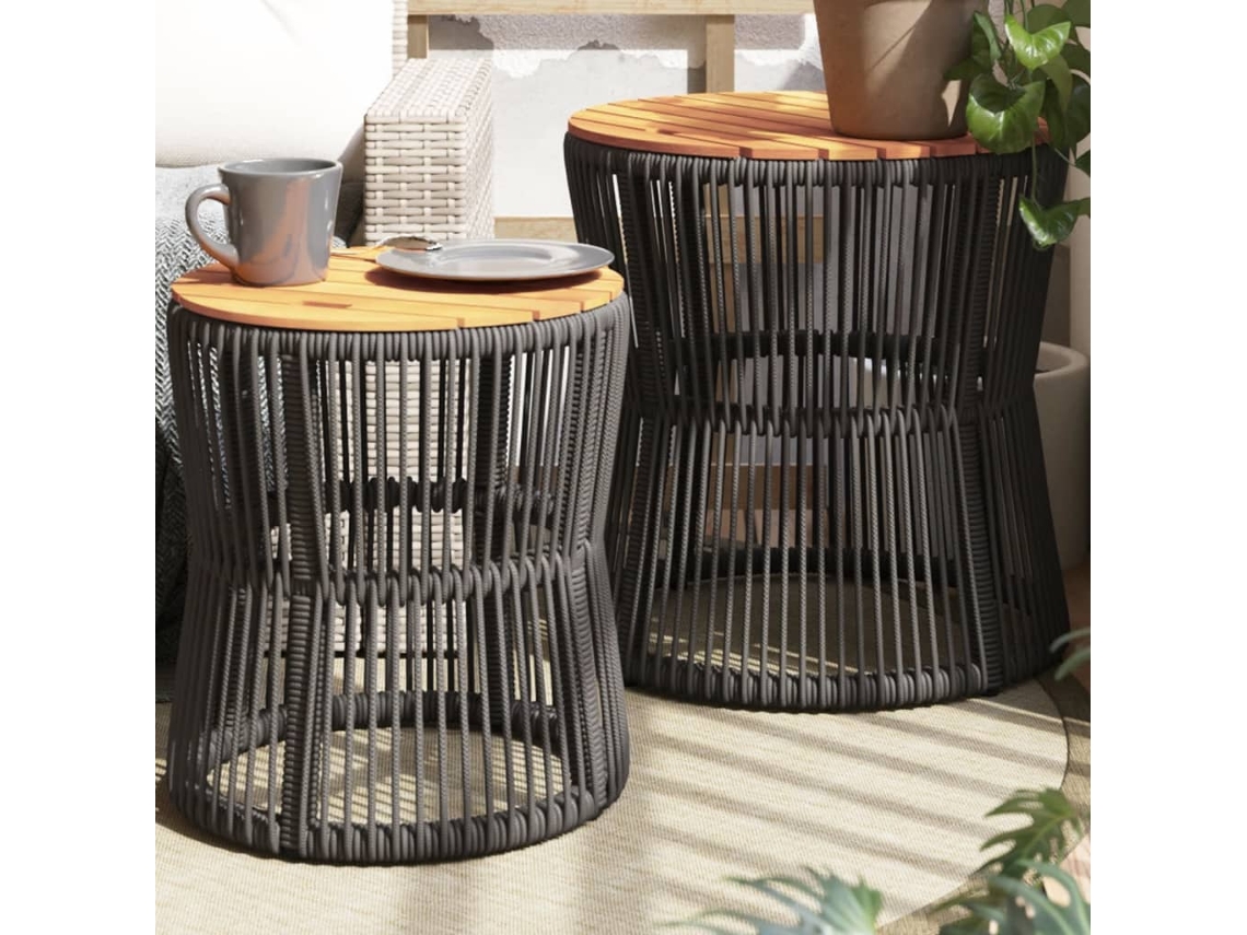 Vidaxl Mesas De Apoio P/ Jardim C/ Tampo De Madeira 2pcs Vime Pe Cinza