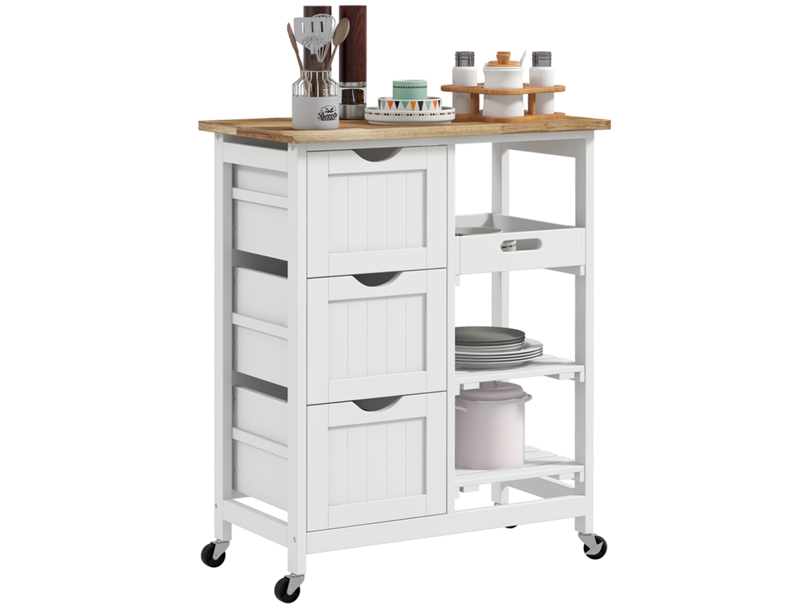 Carrinho de Cozinha com Rodas, Bancada de Madeira, 3 Gavetas + 1 Bandeja Removível, 67 X 37 X 85,5 Cm, Branco Ge