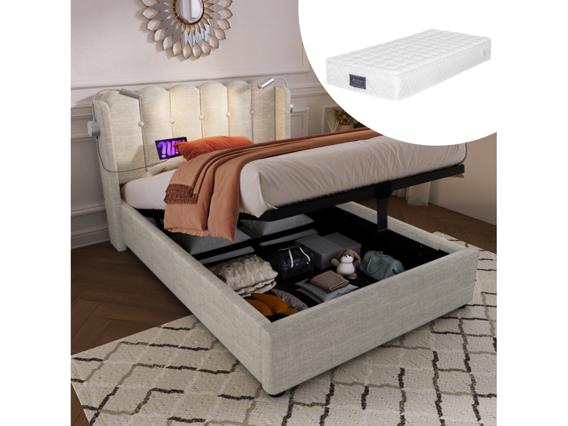 Cama Solteiro Natural 90x200cm Estofada, Linho, Led Leitura, Usb (c/ Colchão).-op