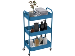 Carrinho de arrumação de banheiro em aço, com 3 bandejas perfuradas e rodízios, cor azul escuro, dimensões: 45x30,6x79 cm