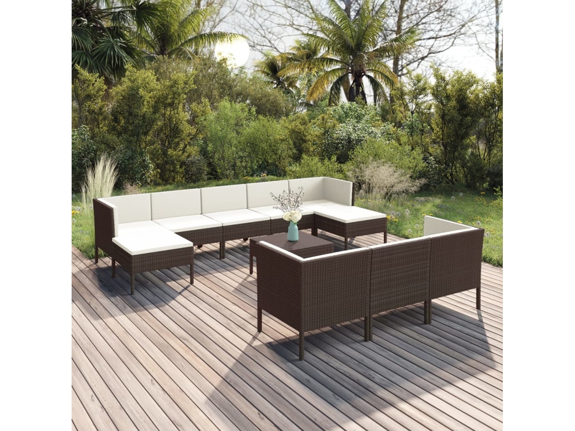 Vidaxl 11 Pcs Conjunto Lounge Jardim C/ Almofadões Vime Pe Castanho