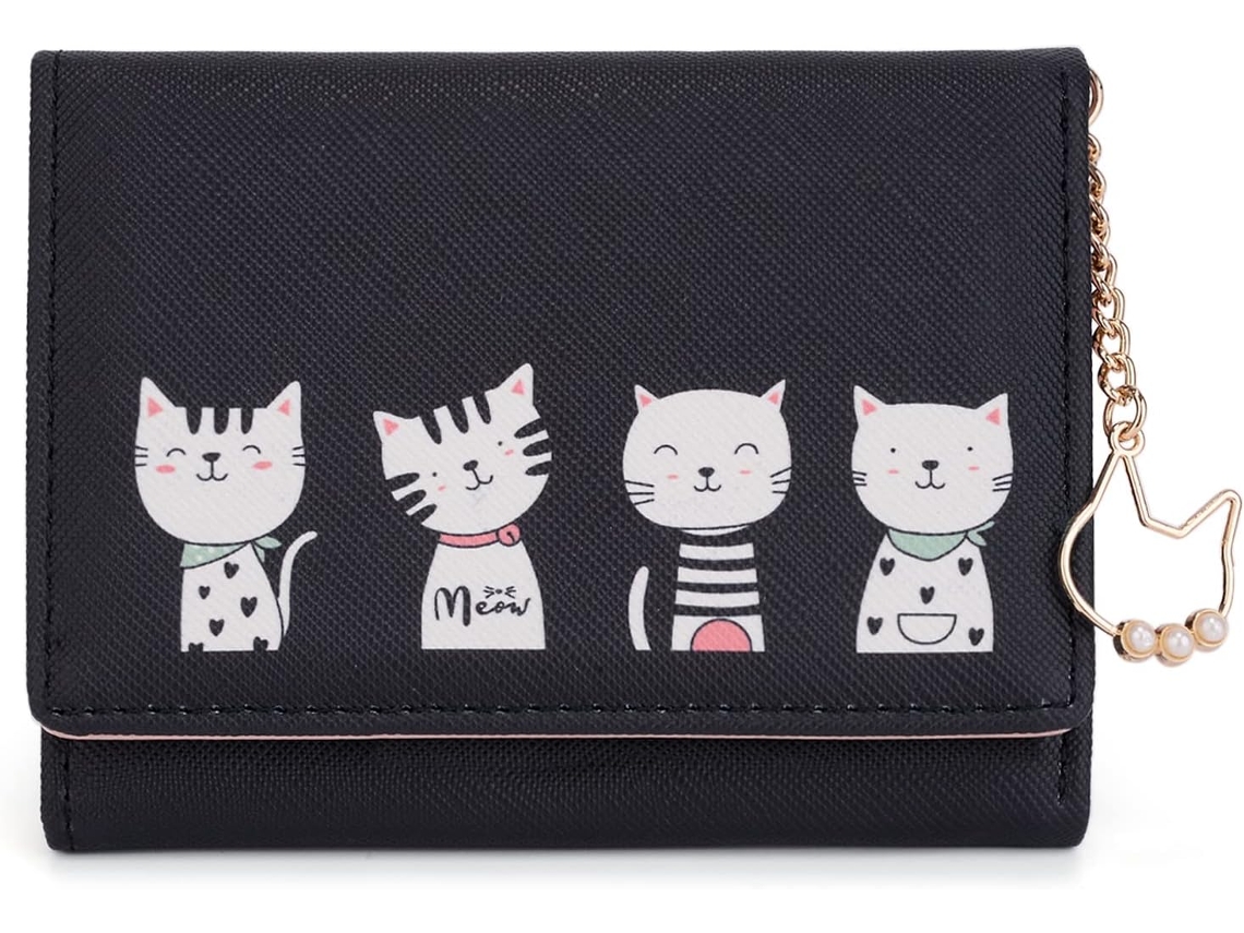Carteira Porta-moedas Com Pendente De Gato Fofo - Pele Pu Grande Capacidade Para Mulher E Menina - Preto