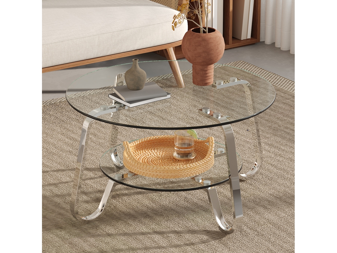 Mesa Centro Retrô Metal Vidro Temperado Camada Dupla Elegante