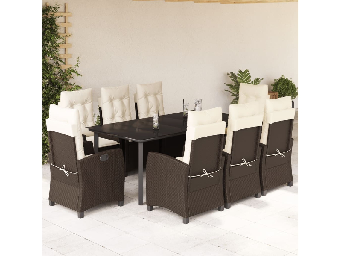 Vidaxl 9 Pcs Conjunto Jantar P/ Jardim C/ Almofadões Vime Pe Castanho