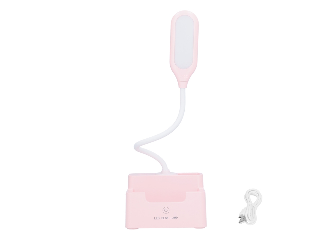 Lâmpada de Mesa LED para Estudo, Toque, Ajustável, Luz Branca Quente, Pasta de Canetas, Dobravel, USB, Rosa