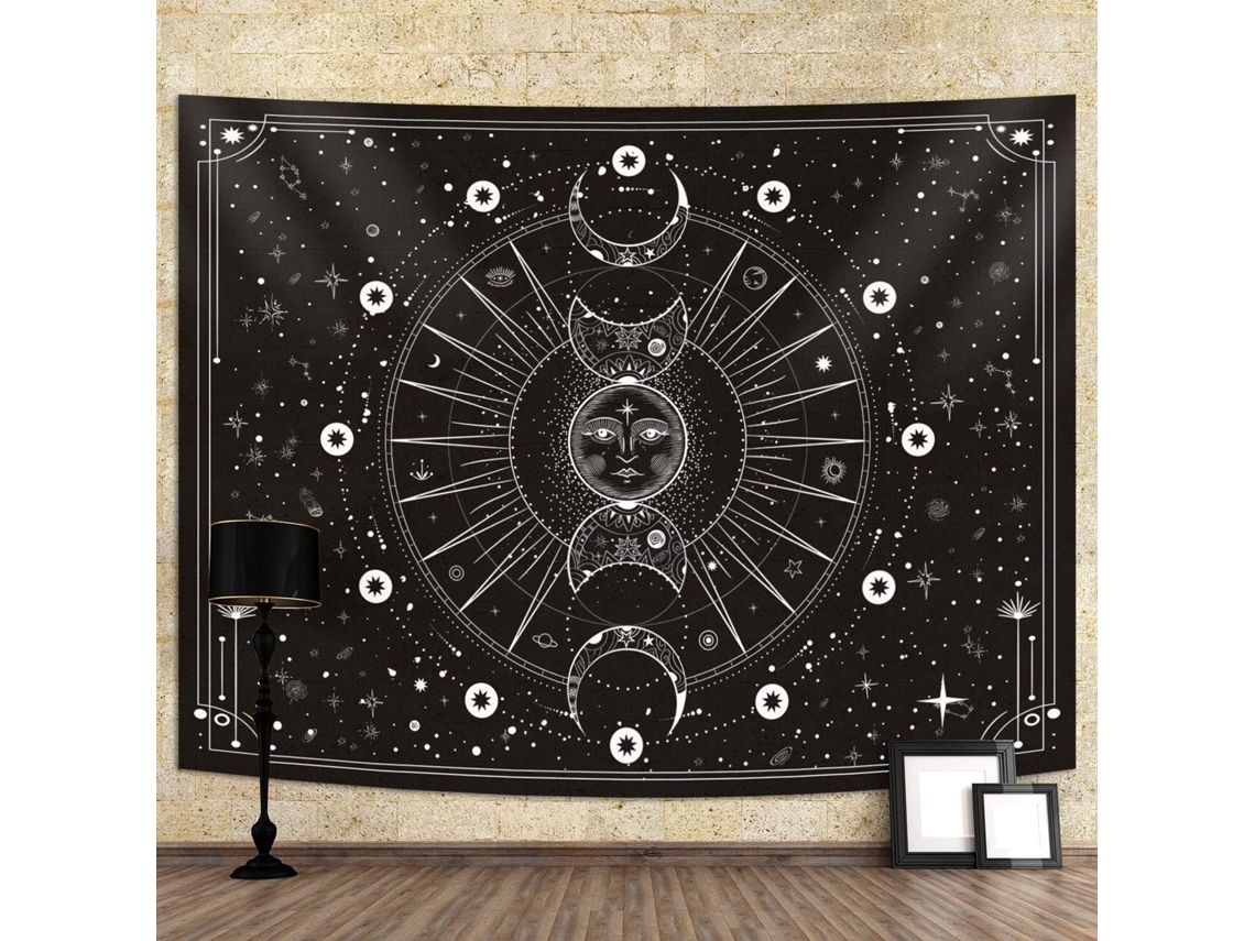 Tapeçaria De Parede Sol E Lua Estrelas Espaço Psicodélico Preto E Branco (preto Místico, 70x90 Polegadas, 180x230 Cm)