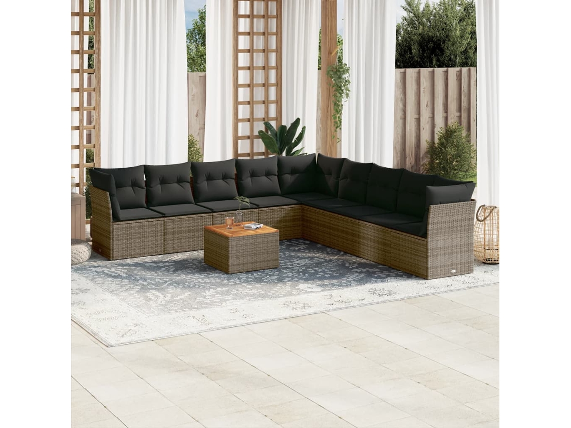 Vidaxl 10 Pcs Conjunto Sofás De Jardim C/ Almofadões Vime Pe Cinzento