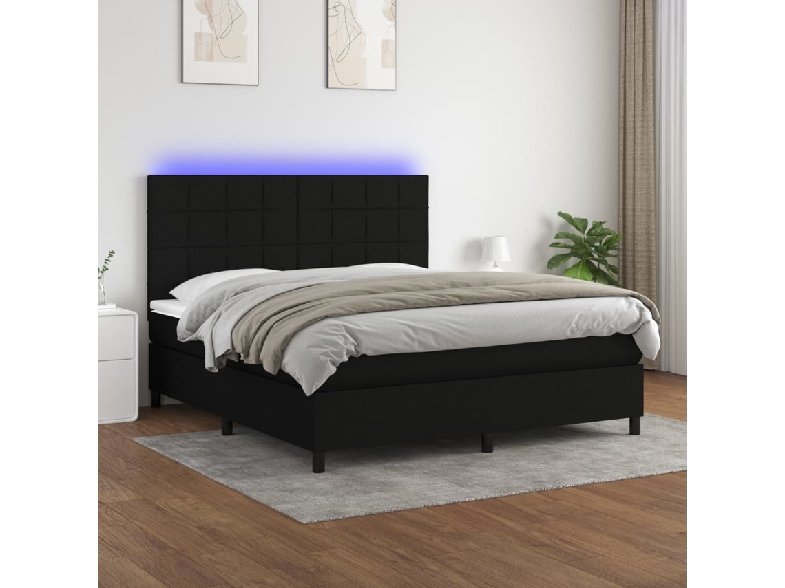 Vidaxl Cama Box Spring C/ Colchão E Led 160x200 Cm Tecido Preto