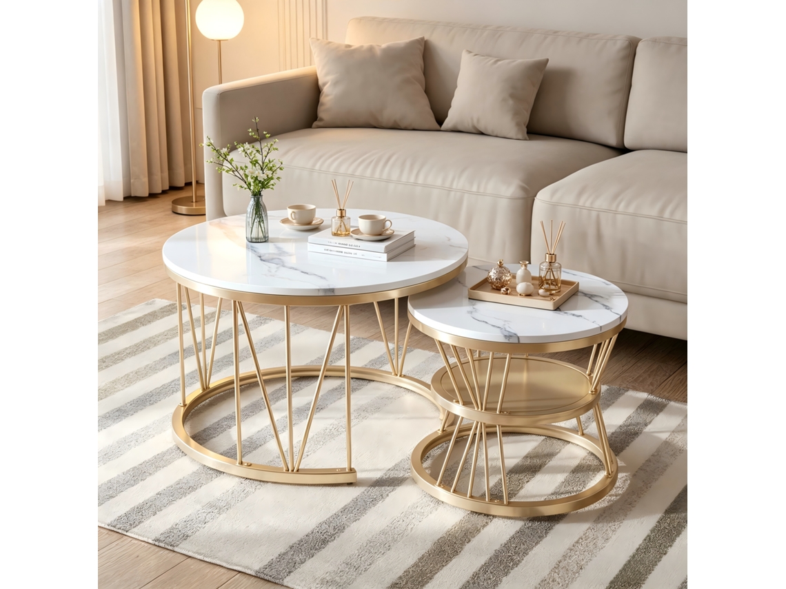 Conjunto 2 Mesas De Centro Encaixáveis Redondas, Tampo Efeito Mármore Branco, Estrutura Metálica Dourada (70cm + 45cm)