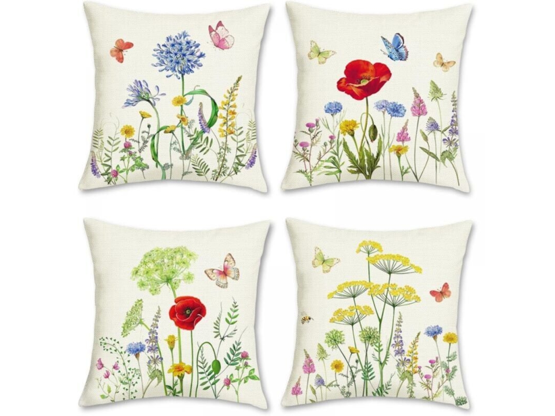 Lote Com 4 Capas De Almofada De 45 X 45 Cm Com Estampa Floral De Poliéster E Linho Para Sofás, Camas E Cadeiras, Decoração De Exteriores Para Casa