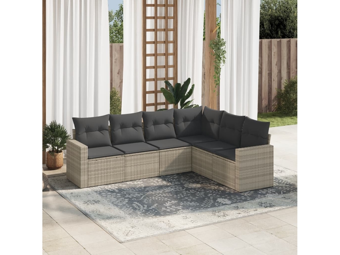 Vidaxl 6 Pcs Conj. Sofás Jardim Com Almofadões Vime Pe Cinzento-claro