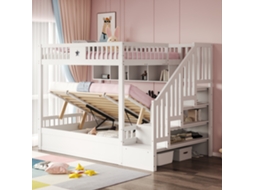 Cama de Madeira 140*200cm, Hidráulica Embaixo da Cama, Escadas de Armazenamento, Prateleiras, Cama Loft, Beliche, Cama Juvenil, Branca Ge