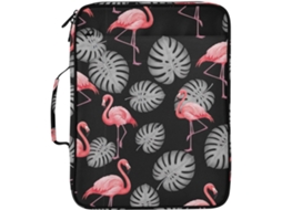Pasta Expansível Flamingos Folha Tropical, Preta, Com 7 Bolsos, Fichário De 3 Argolas E Fecho Zíper, Ideal Escola