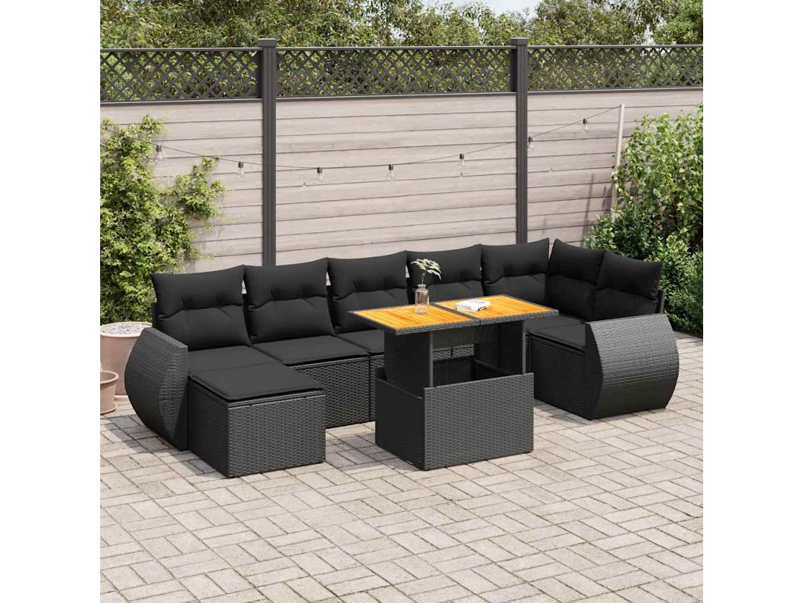 Vidaxl 8 Pcs Conjunto Sofás De Jardim Com Almofadões Vime Pe Preto
