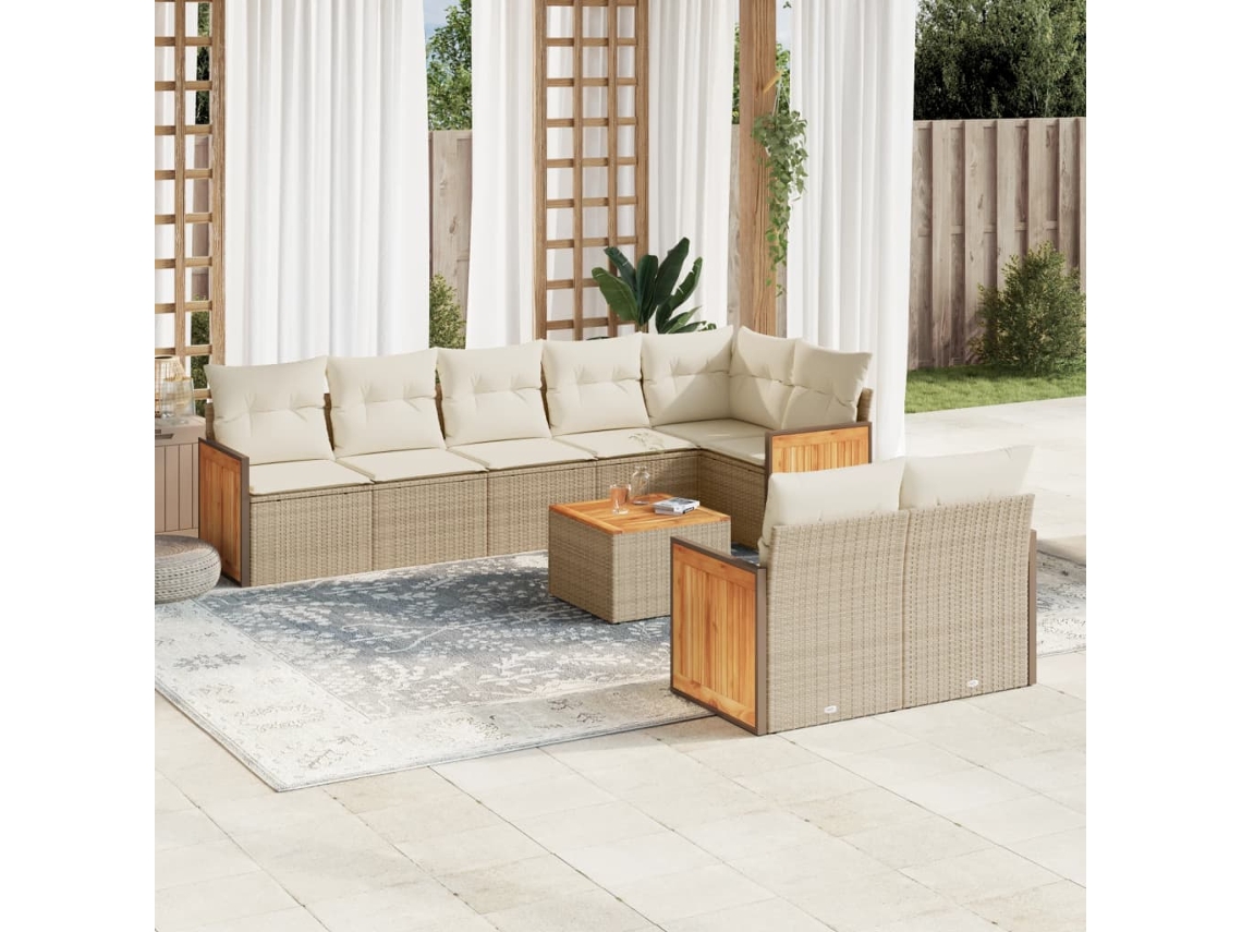 Vidaxl 9 Pcs Conjunto De Sofás P/ Jardim Com Almofadões Vime Pe Bege