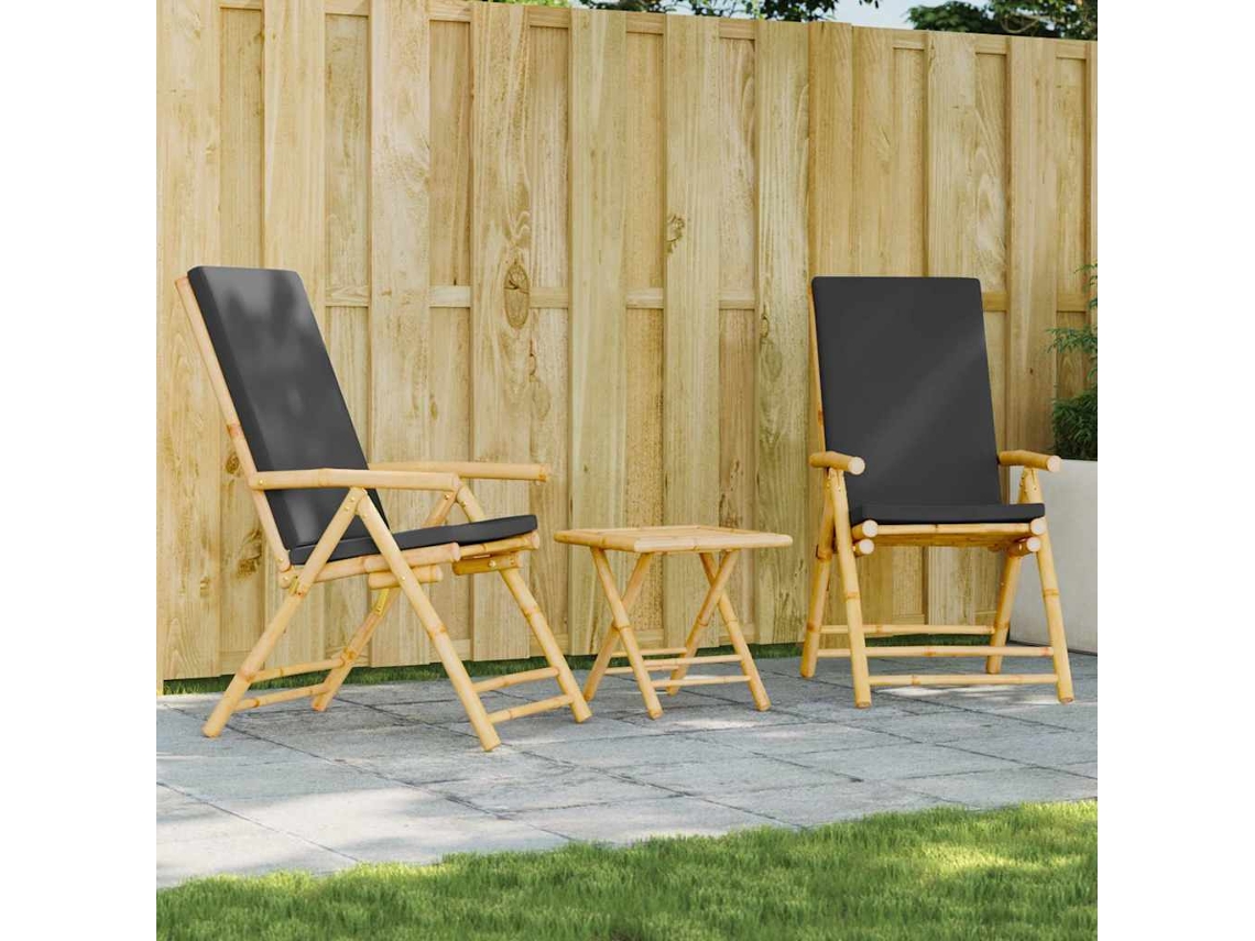 Vidaxl 3 Pcs Conjunto Bistrô Dobrável C/ Almofadões Cinza Escuro Bambu