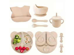 Conjunto de Oito Peças Louça Infantil em Silicone com Estampas de Animais, Adequado para Micro ondas e Forno, Ideal para Crianças, Educativ STELASPLEN