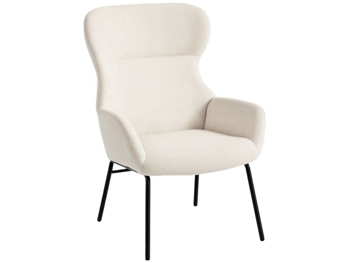 Poltrona Estofada Moderna no de Orelha, Encosto Alto, Estofamento Grosso, Pernas de Aço, Branco Creme