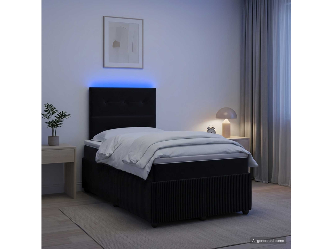 Vidaxl Cama Box Com Led E Colchão Preto 120 X 190 Cm Veludo