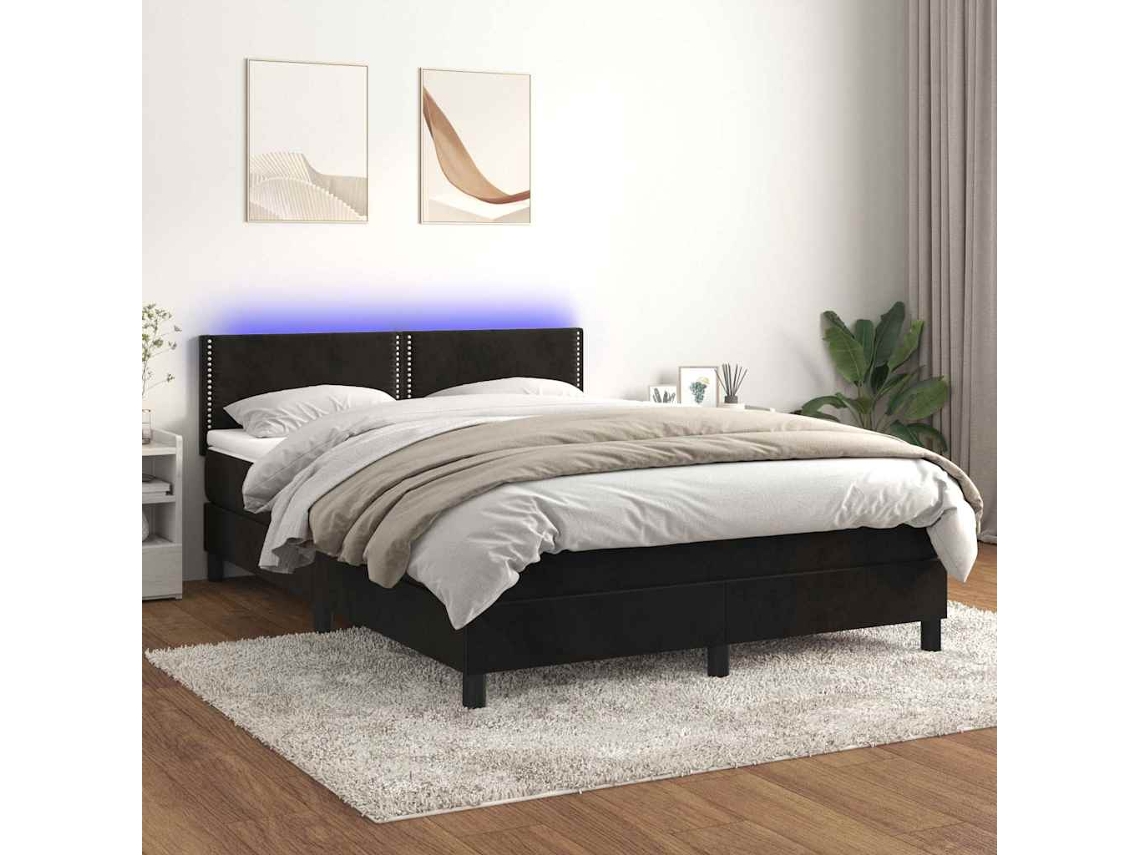 Vidaxl Cama Box Spring C/ Colchão/led 140x190 Cm Veludo Preto