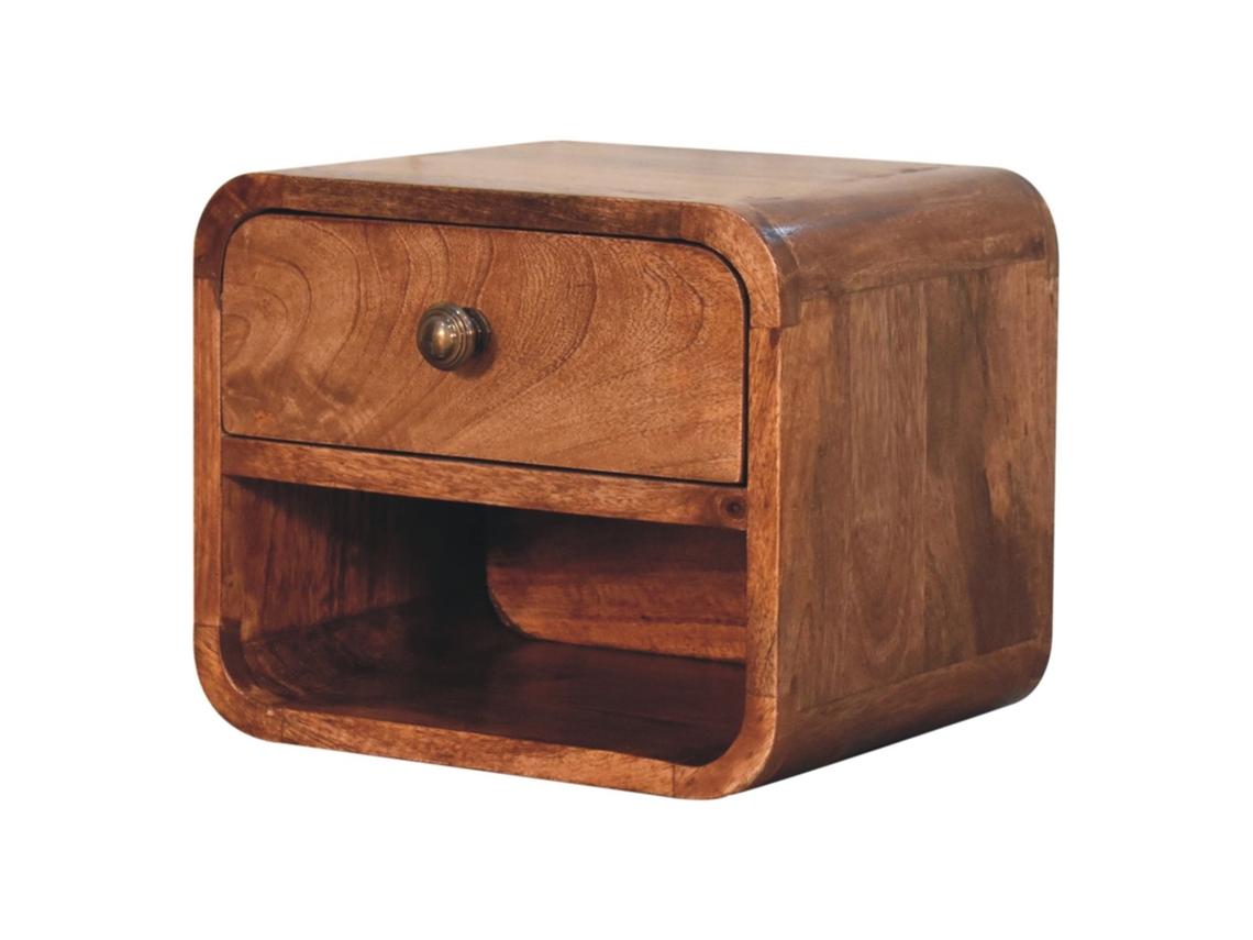 Mesa De Cabeceira Compacta De Madeira Maciça Com Gaveta E Nicho, Marrom