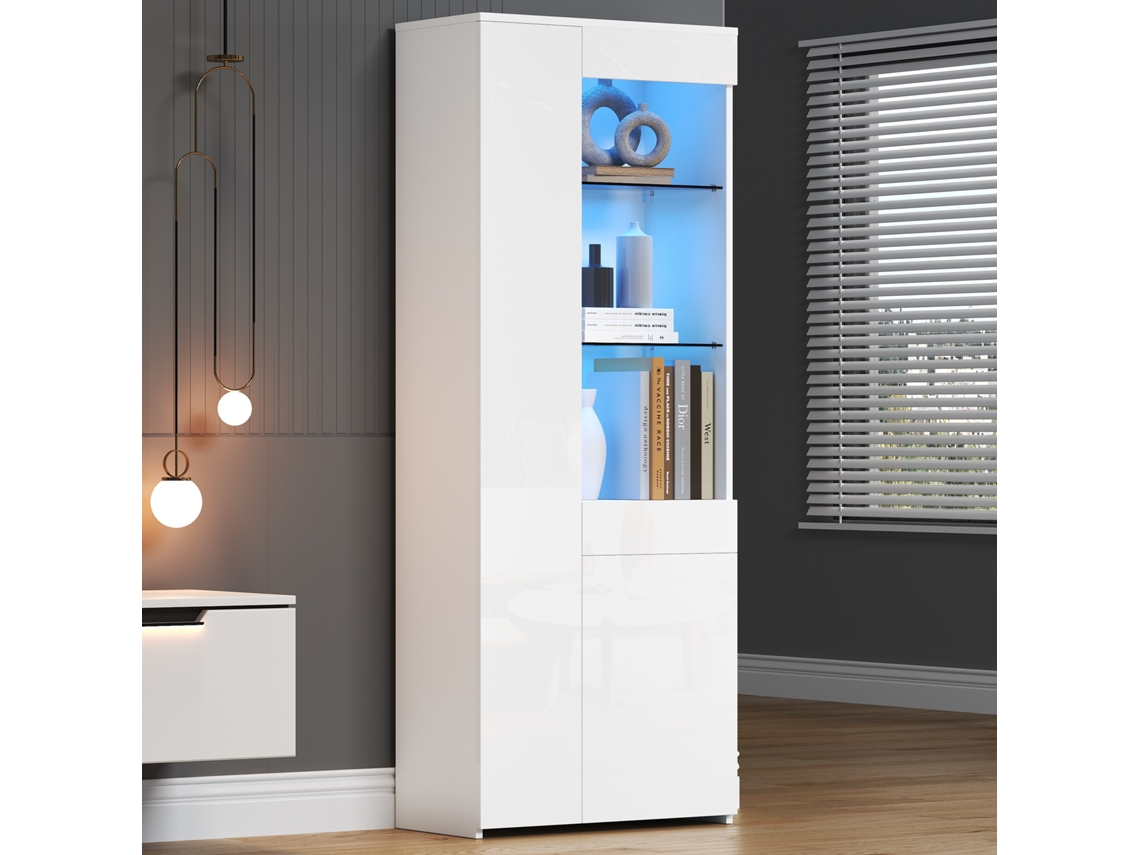 70x35x180cm Vitrine Com Gavetas, Alto Brilho, Luz Em Led, Armário Alto, Aparador, Expositor De Pé, Divisória, Capacidade Recomendada 45kg.